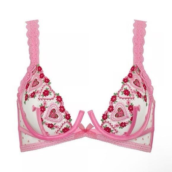 NWT For Love & Lemons Doiley Heart Bra In Pink Size 32A - Picture 1 of 5